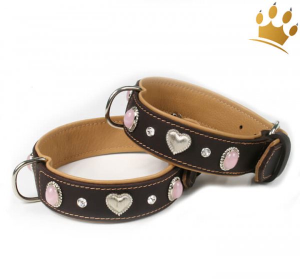 HundeLederhalsband Silver Heart Pink Halsband Hunde Leder